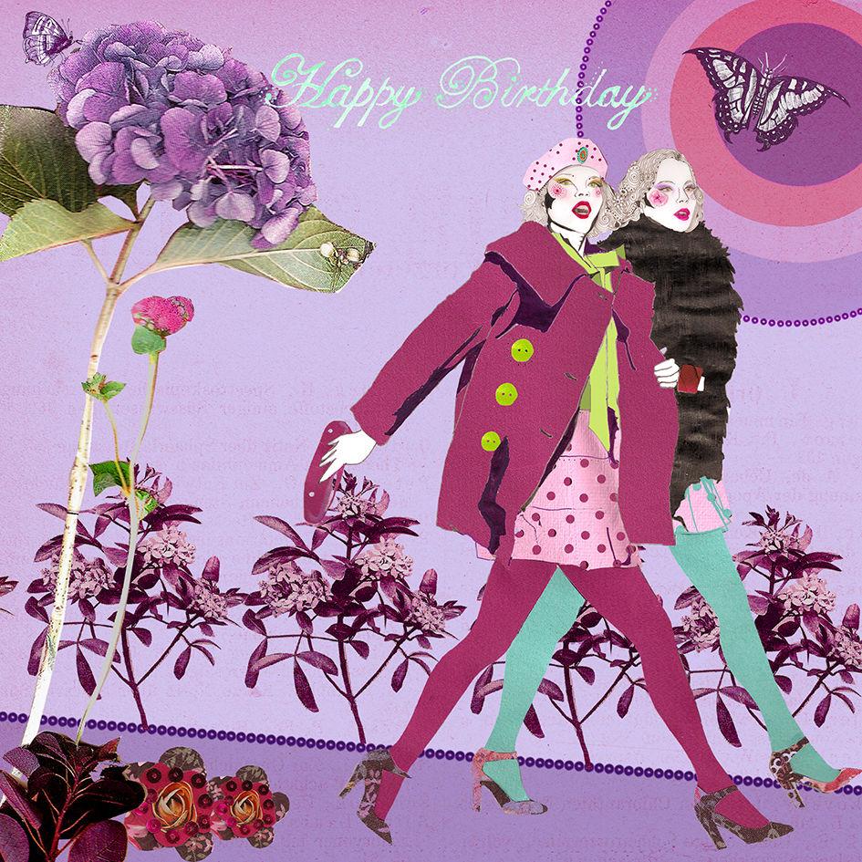 Thumbnail: A collaged drawing of two girls walking, against a purple background. The text reads "Happy Birthday".