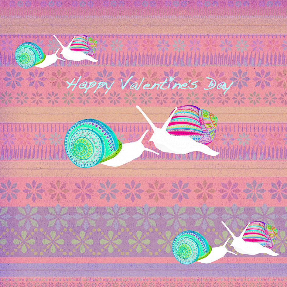 Thumbnail: An illustration of pastel snails kissing on a pink patterned background. The text reads "Happy Valentine's Day".