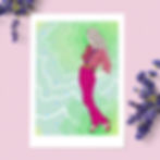 A fashion illustration of a model dressed in bold colours. The art print rests on a pink background, framed by lavender.