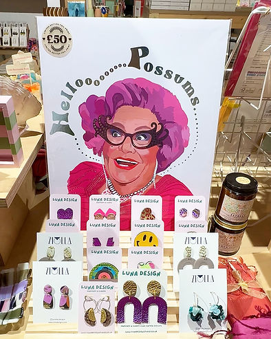 Dame Edna Everage Art Print in Solo Craft Fair shop, Brixton.