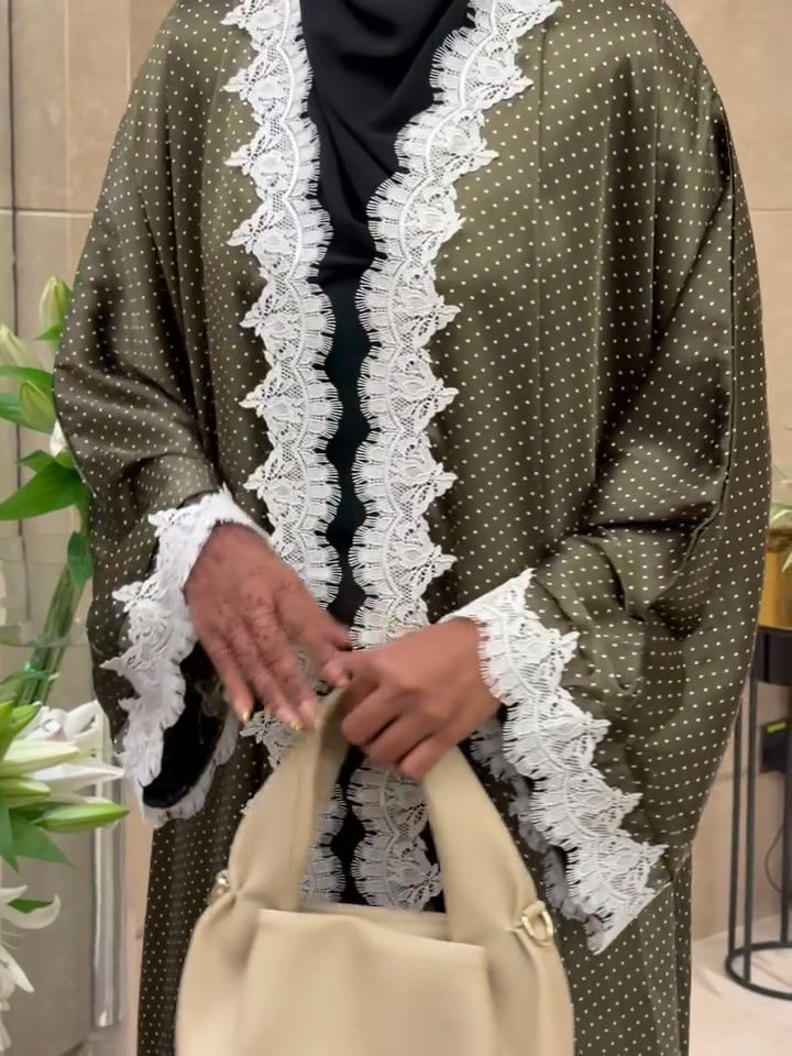 Thumbnail: Olive Polka Dot Lace Abaya