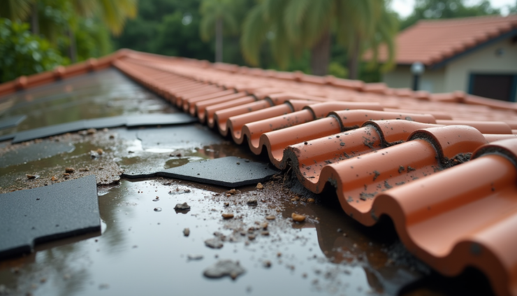 Eye-level view of a Miami home roof with visible water damage and missing tiles