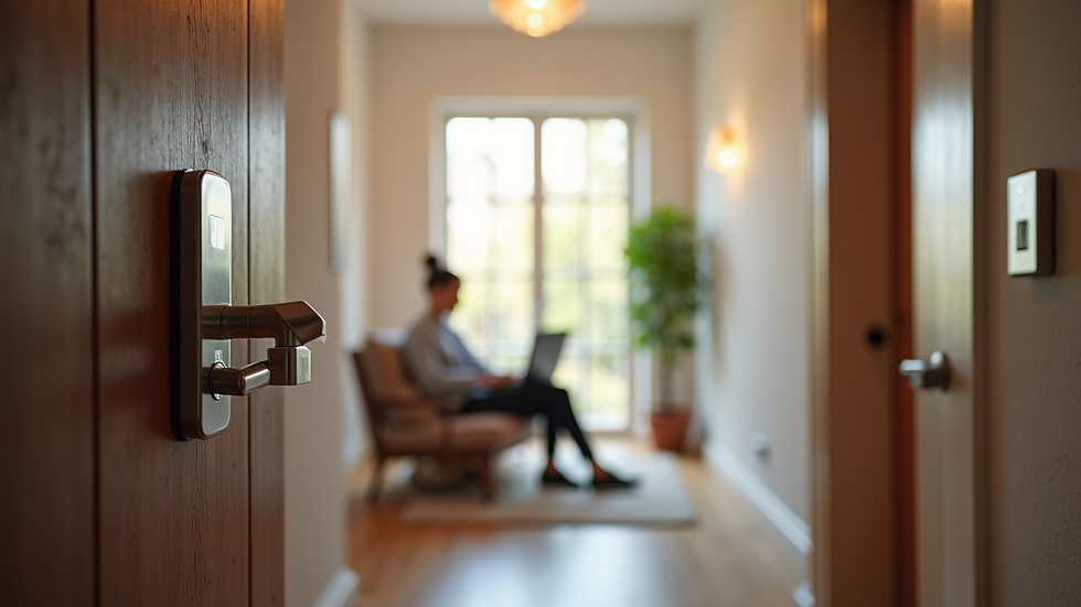 Wide angle view of a secure home entrance with smart locks and cameras