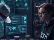 An ethical hacker wearing a "ROOT" hoodie sits at a multi-monitor desk in a server room, performing a penetration test. A prominent white fedora sits on her desk.