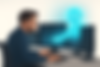 Tech-Savvy Security Analyst with robot assistant in front of computer monitors