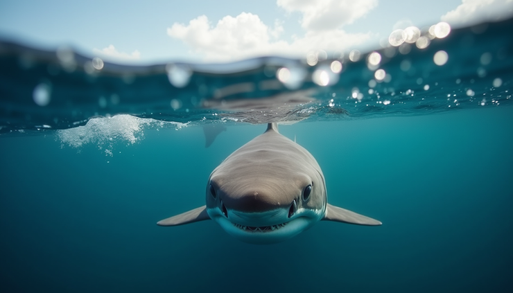 Close-up eye-level view of a great white shark swimming near the ocean surface