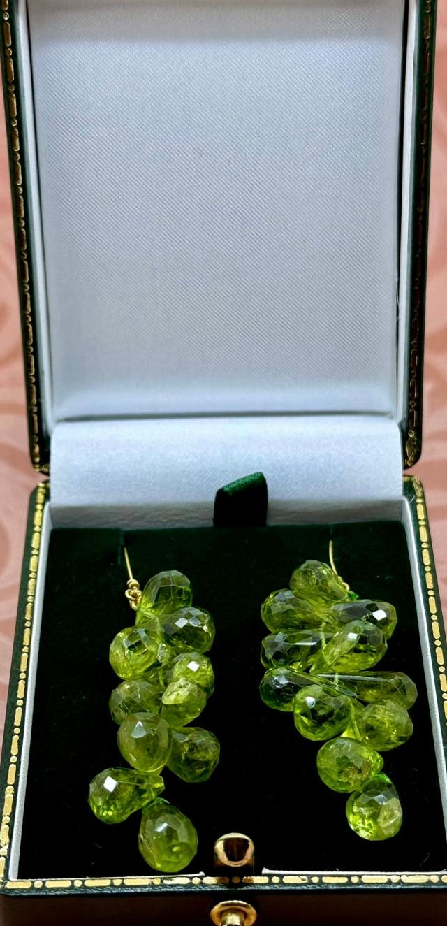 Thumbnail: 50.00ct Natural Peridot (Briolette Cut) 20K Gold 65mm Pendant Drop Earrings