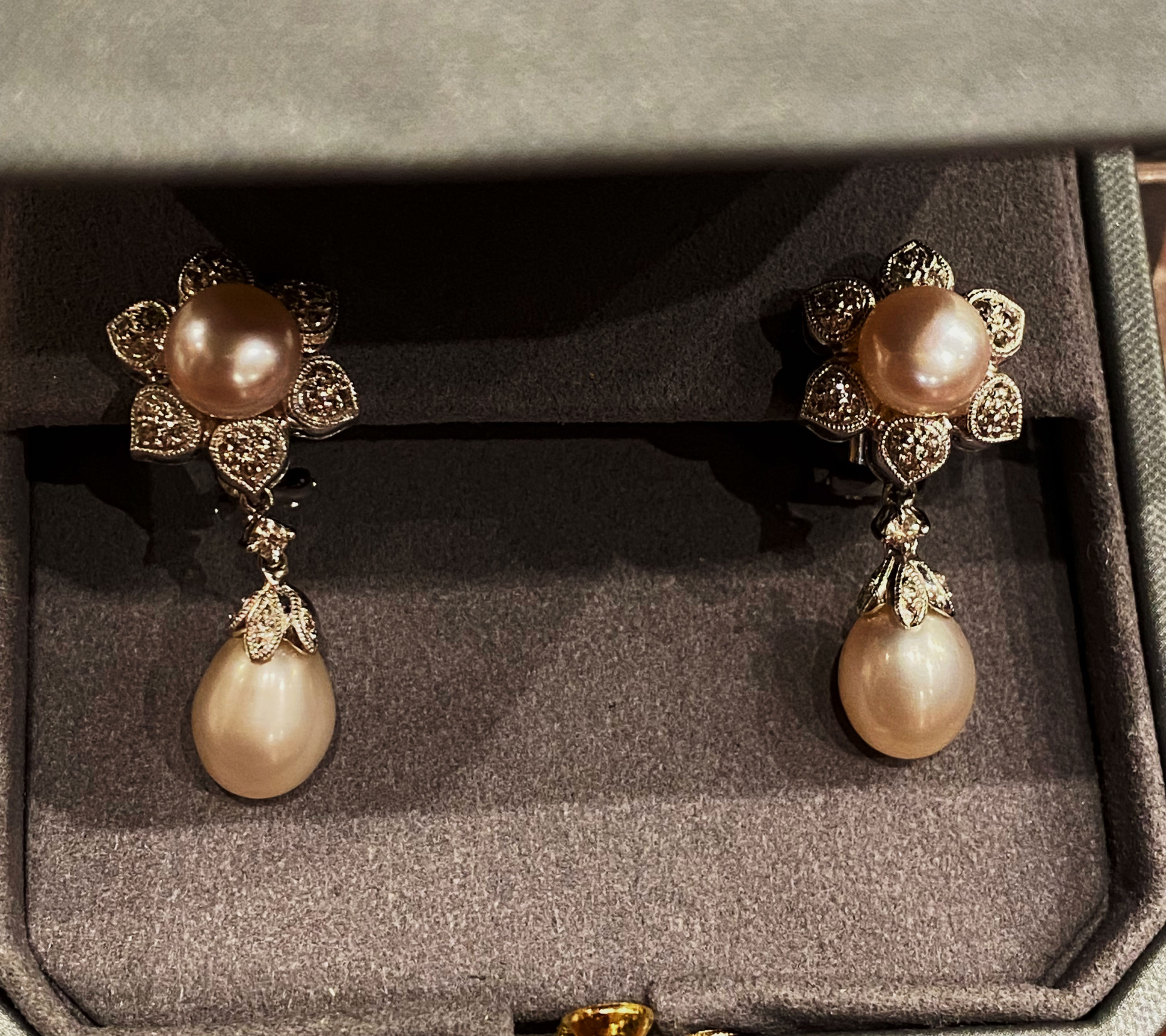 Magnificent South Sea Pearl, Diamond, 18K White Gold Drop Pendant Earrings