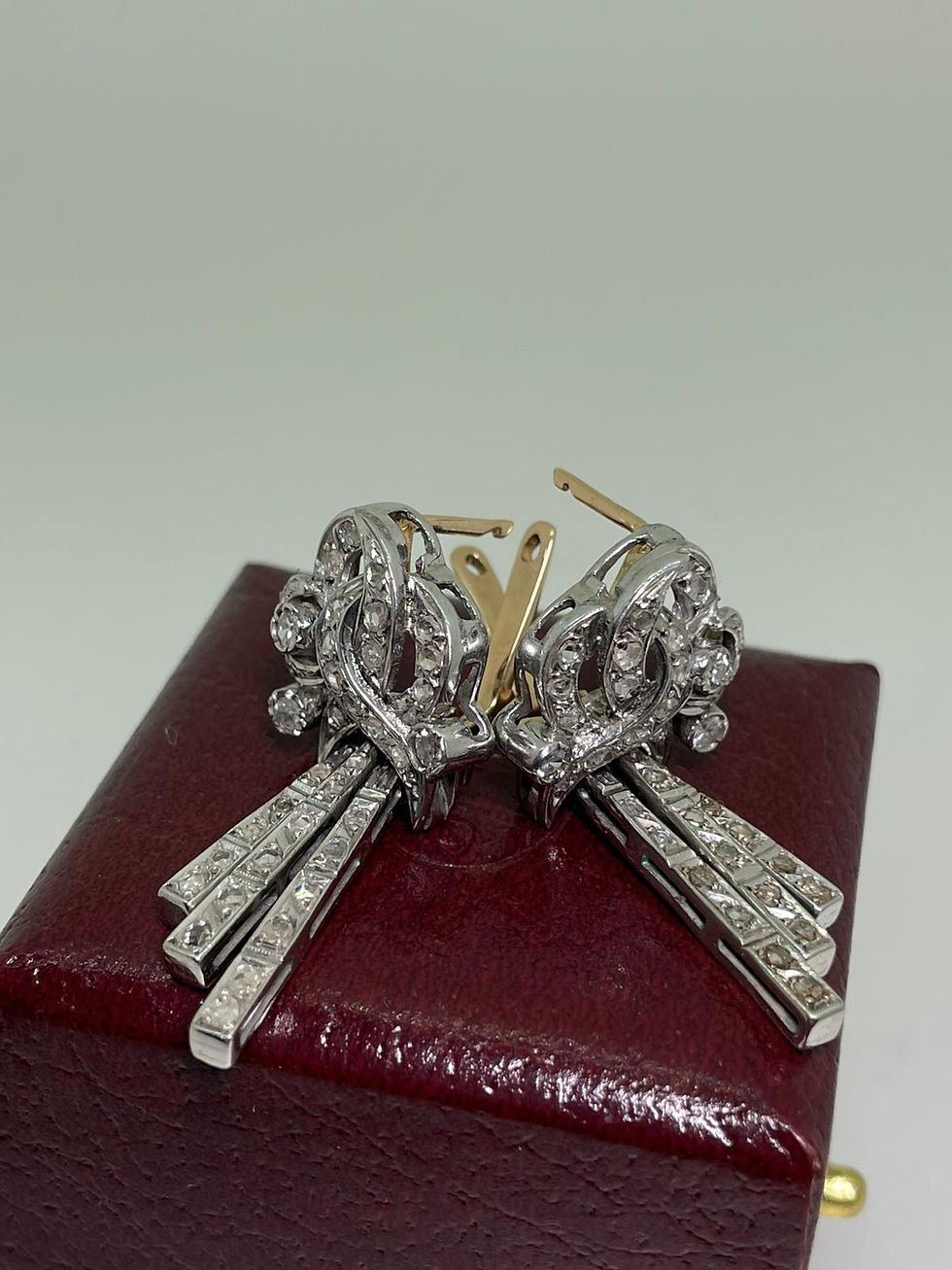 Thumbnail: 14K Pink Gold, Silver & 0.50ct Rose Cut Diamonds Russian Art-Deco Style Earrings