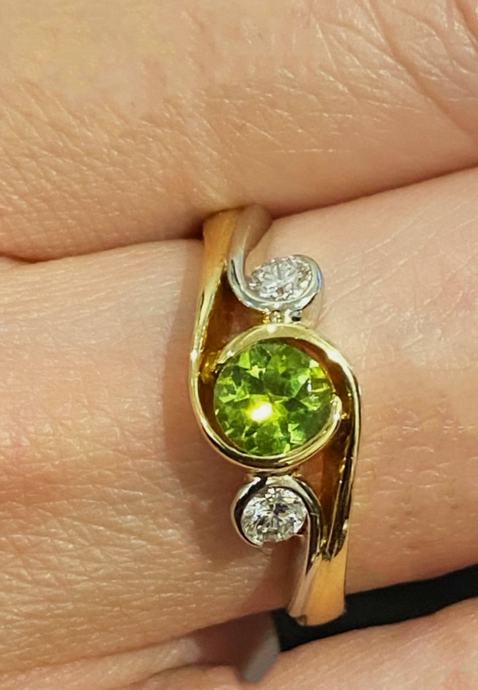 Thumbnail: 1.00ct Natural Peridot & Diamond 3-Stone By-Pass 18K Two-Tone Gold Handmade Ring