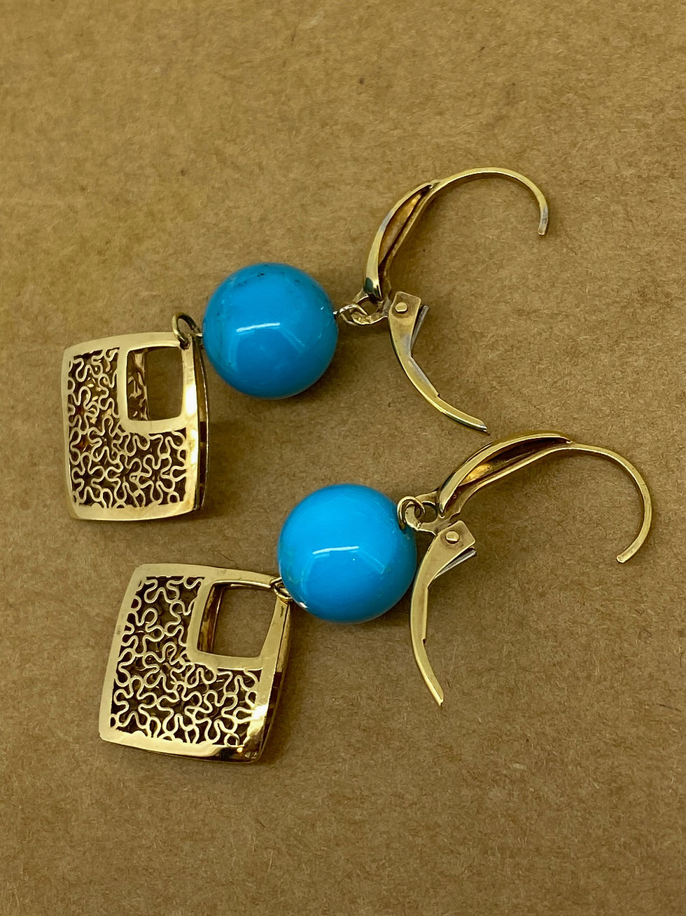 Thumbnail: Turquoise & 18K Yellow Gold Pendant / Drop / Dangle 50mm Long Vintage Earrings