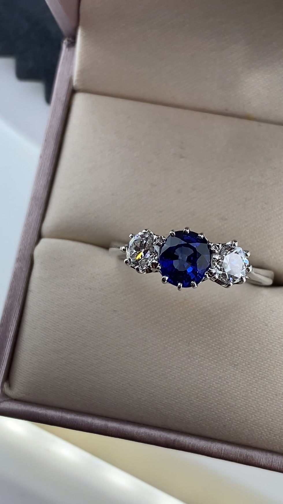 Thumbnail: Three-Stone (Trinity) 1.20ct Ceylon Sapphire & Old-Cut Diamond Platinum Ring