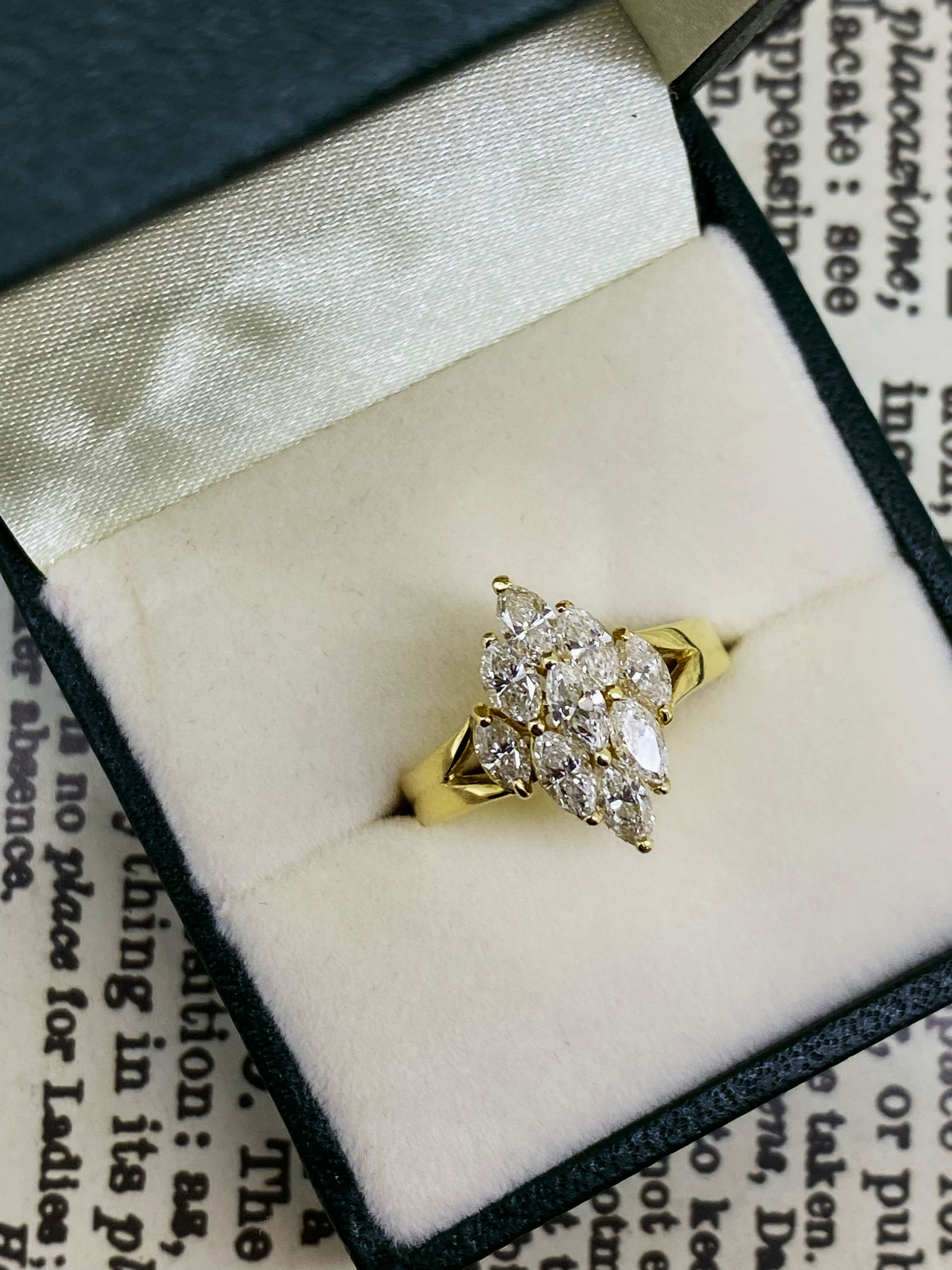 Superb 1.20ct Marquise Cut Diamond Cluster Rhombus Ring in 18K Yellow Gold