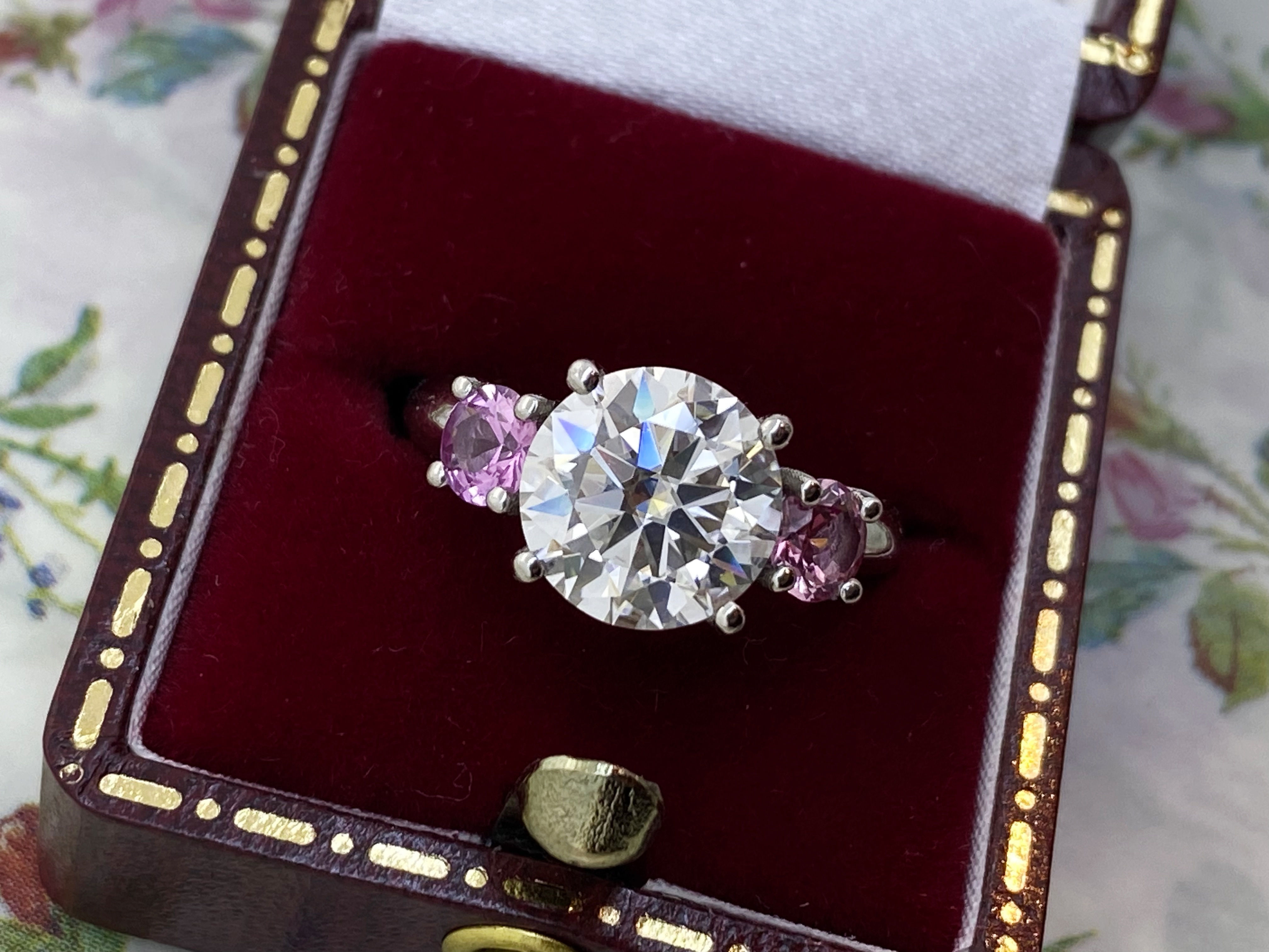 2.50ct Moissanite (D/VS) & Pink Sapphire Three-Stone "Trilogy" Platinum 950 Ring