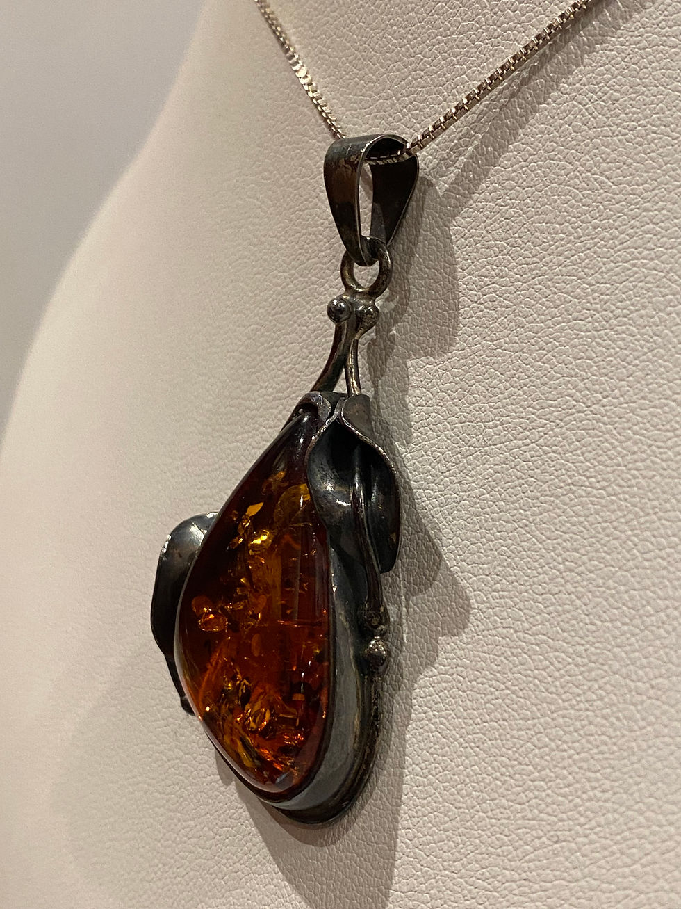 Thumbnail: Natural Baltic Amber & Silver Vintage Foliate Pendant. Latvia, circa 1970's.