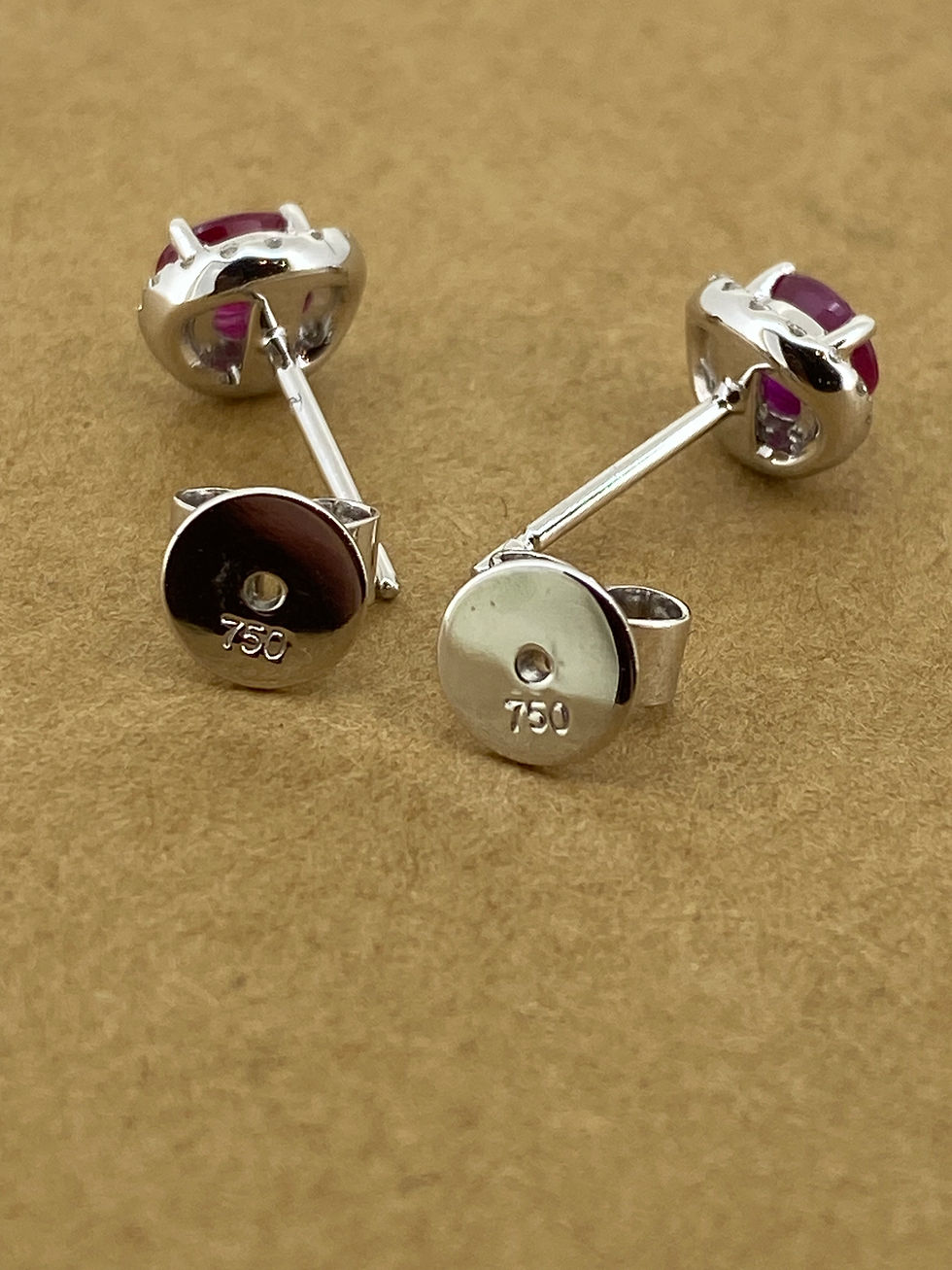 Thumbnail: Burmese Ruby (0.60ct) & Diamond Halo Style Stud Earrings in 18K White Gold.
