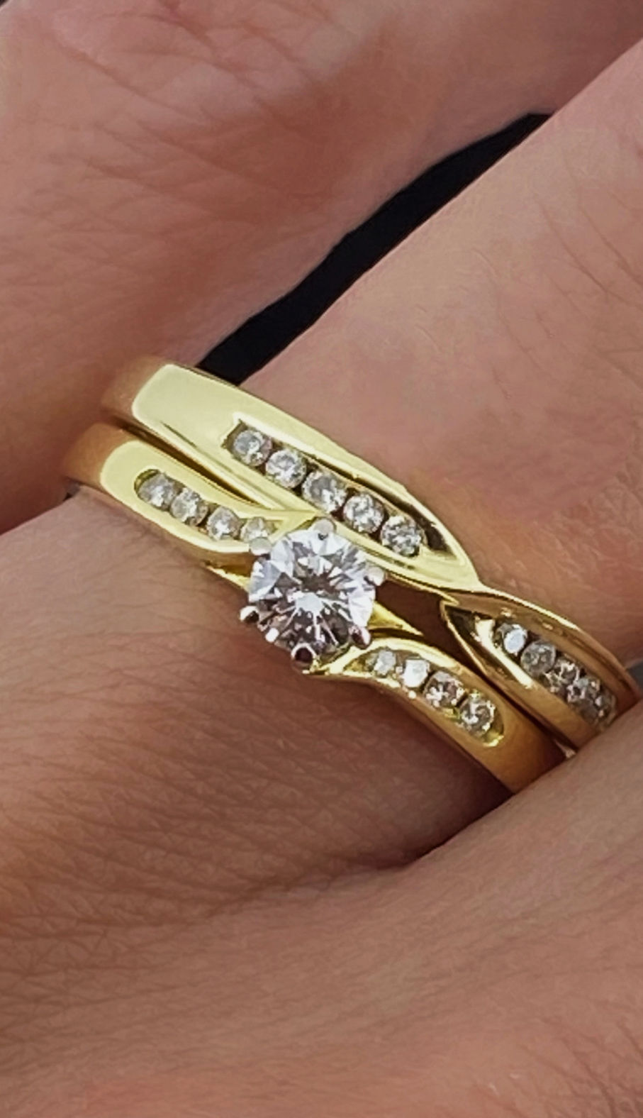Thumbnail: 18K Yellow Gold & Diamond Wedding Set: Engagement Ring & Diamond Wedding Band