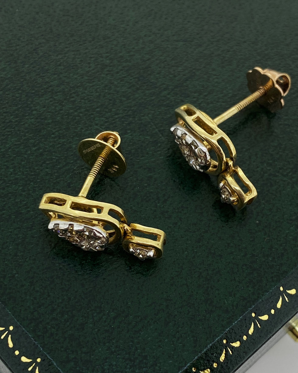 Thumbnail: 18K Yellow Gold & Diamond Cluster (0.60ct) 17mm Drop Earrings, Threaded Posts.