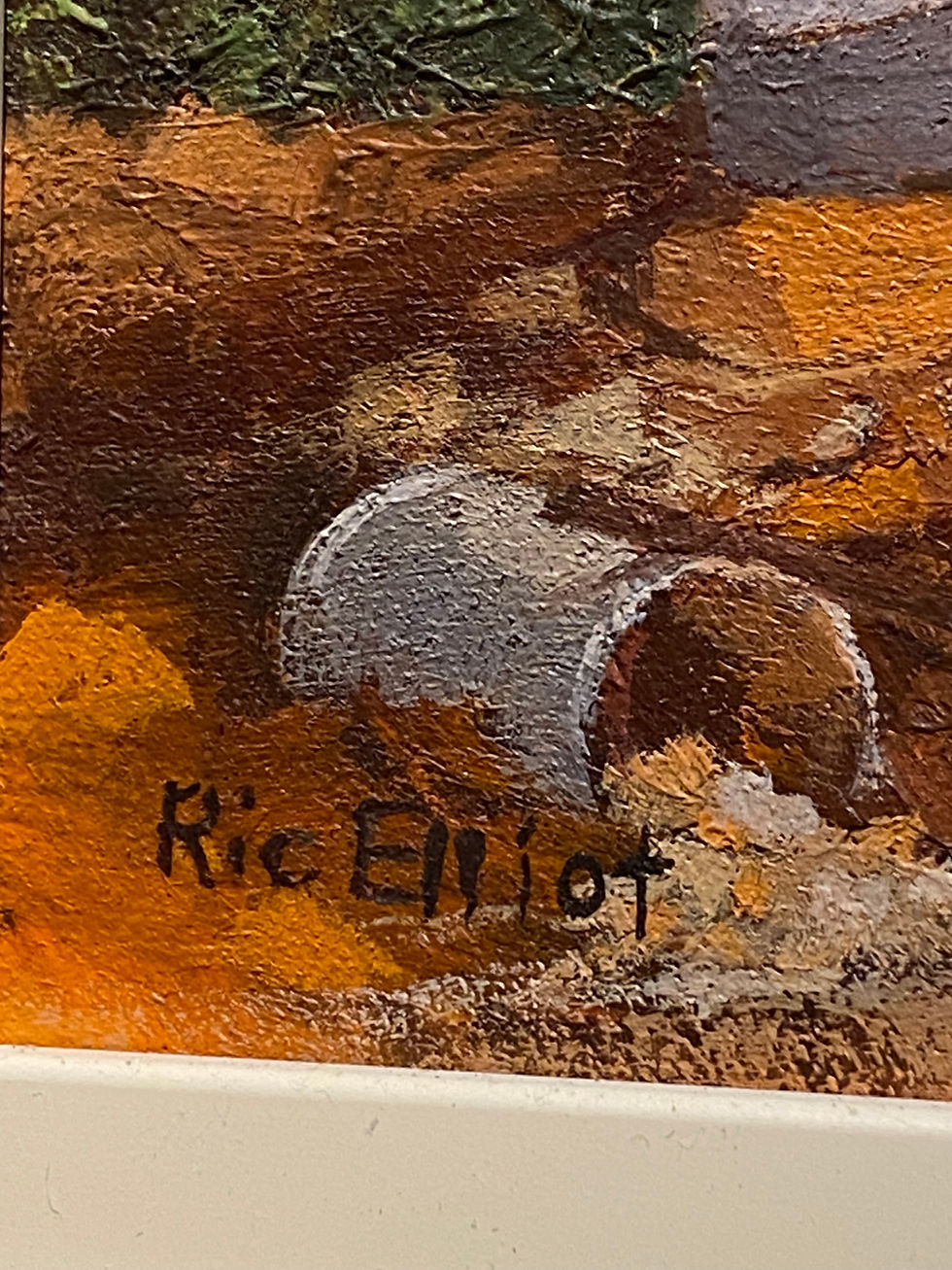 Thumbnail: Ric Elliot "Miner's Break" Lightning Ridge Oil on Board Painting, Signed.