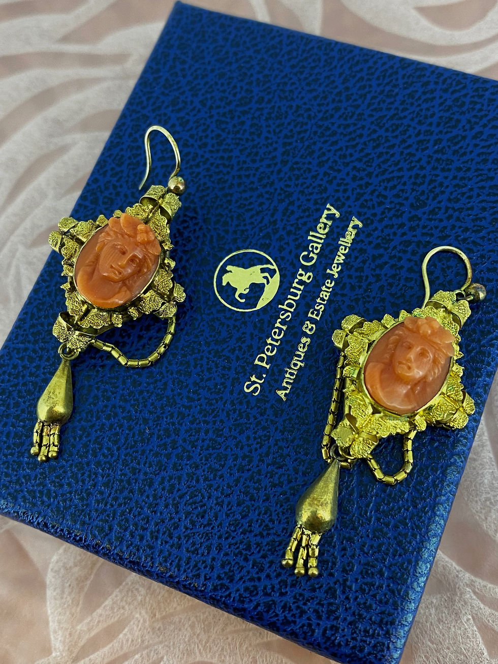 Thumbnail: Antique Victorian 15K Yellow Gold Mediterranean Coral Cameo Dangle Drop Earrings