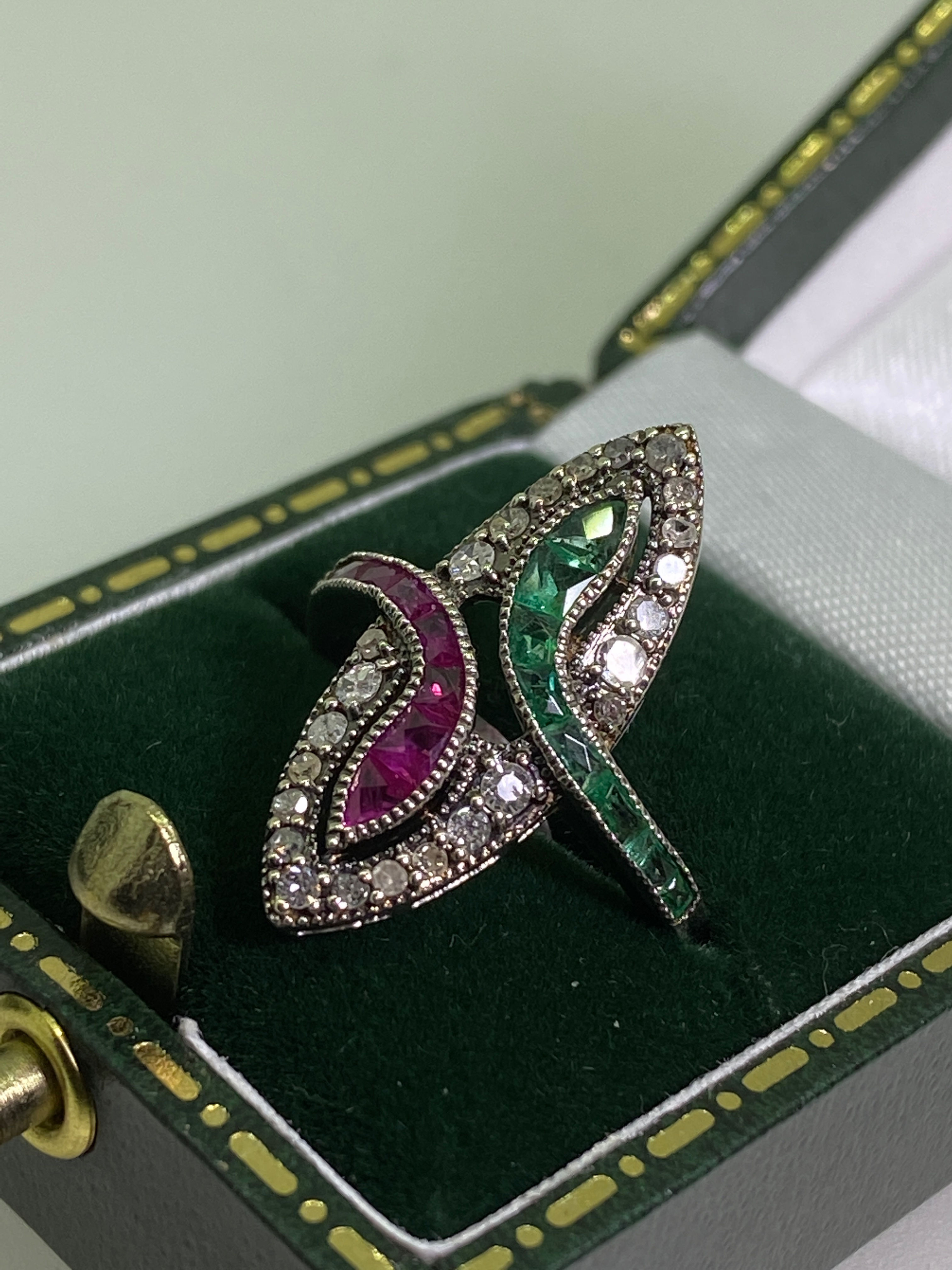 Vintage Ruby, Emerald & Rose Cut Diamond Ring in Silver Gilt