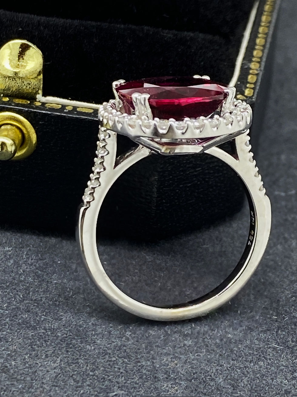 Thumbnail: 6.00ct Natural Rubellite Pink Tourmaline & Diamond 18K Gold Halo Cocktail Ring.