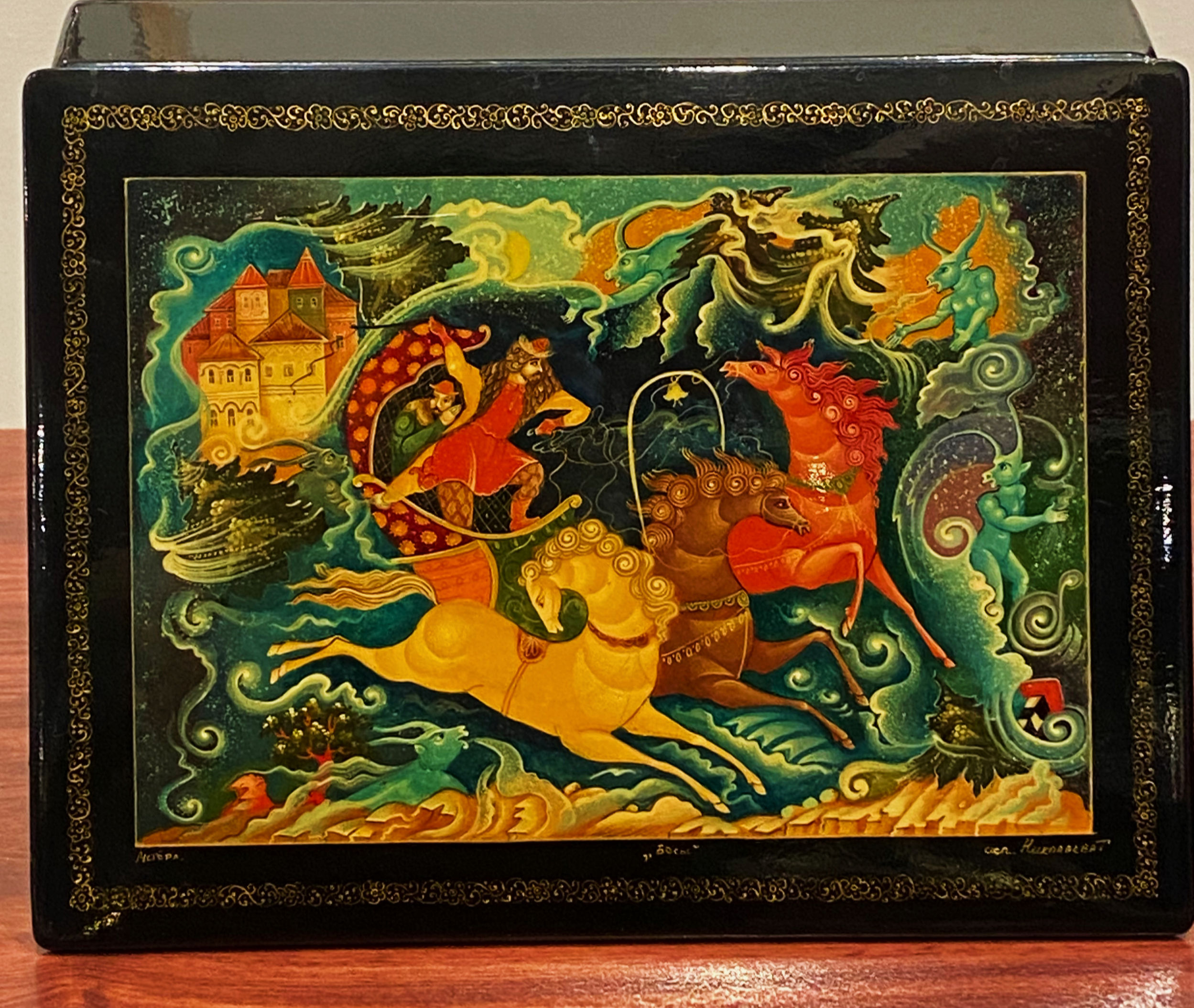 Large Russian Mstera School Lacquer Box/Casket (Laretz) "Demons" by A.S. Pushkin