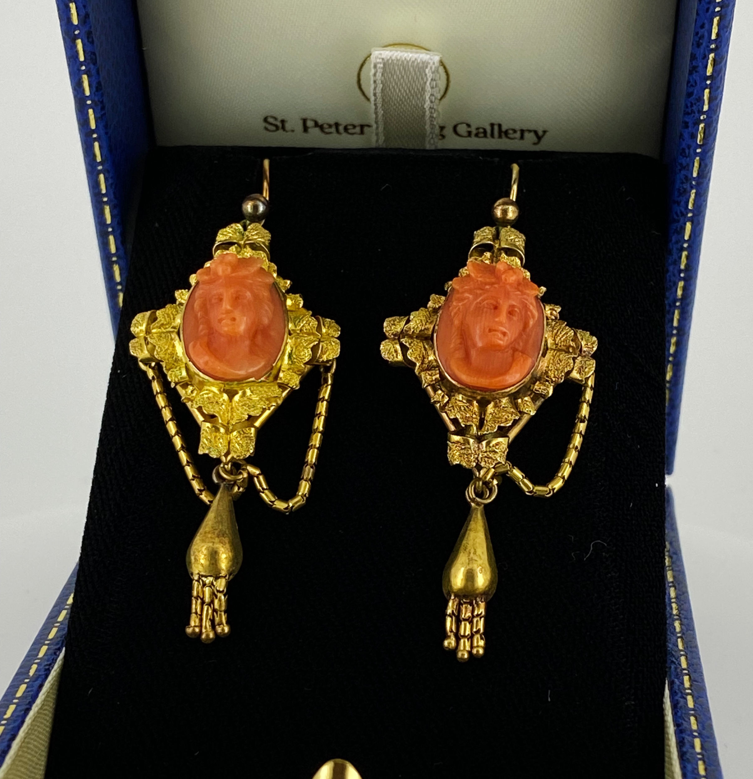 Antique Victorian 15K Yellow Gold Mediterranean Coral Cameo Dangle Drop Earrings