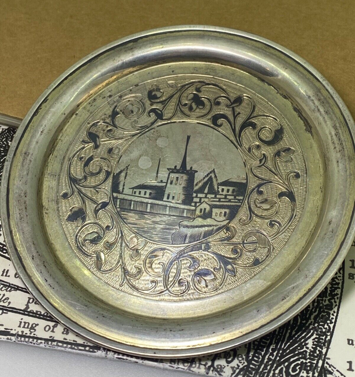 Russian Hallmarked Niello Silver c1865 Saucer. Moscow, Maker's Mark: M.D. 62.2gr