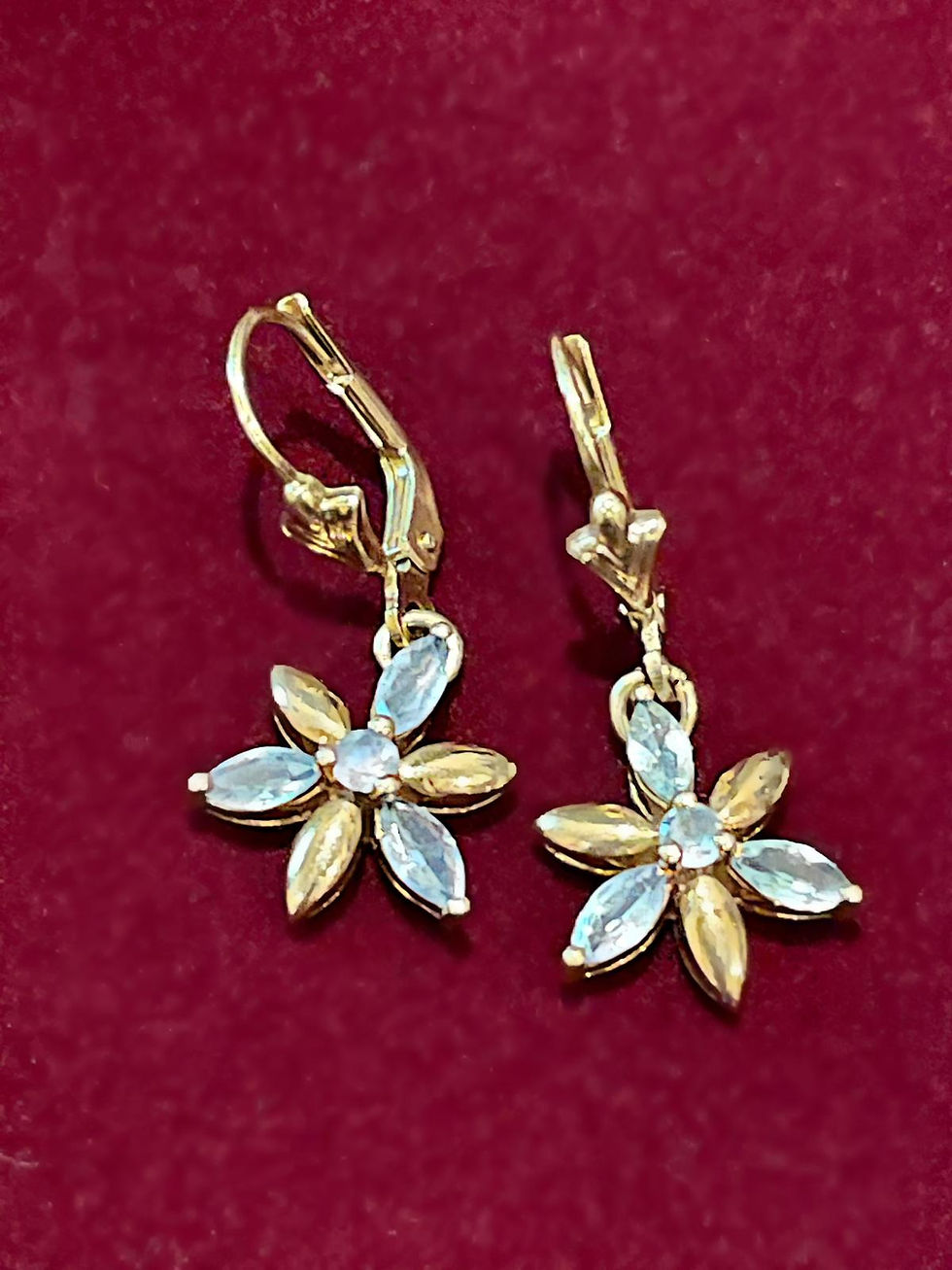 Thumbnail: Rose Gold & Blue Topaz Flower Motif Pendant Vintage Earrings, circa 1970's.