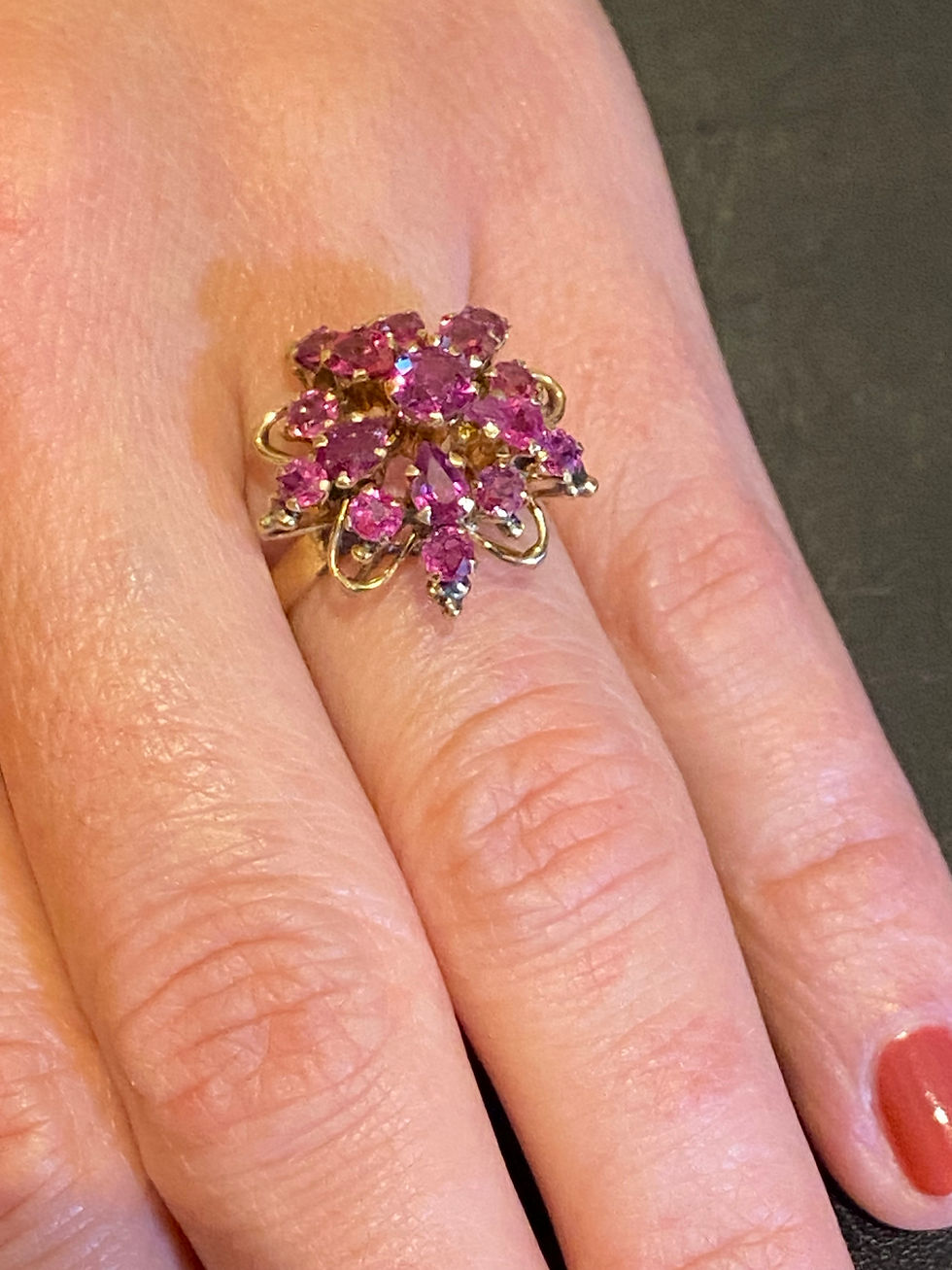 Thumbnail: 1.35ct Ruby Cluster Flower-Shaped Cupola Ring in 14K Yellow Gold