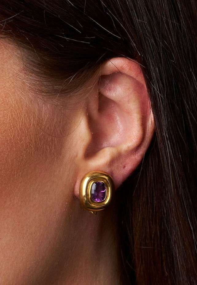 Thumbnail: Superb Natural Imperial Amethyst & 18K Yellow Gold Earrings, Posts & Omega Backs