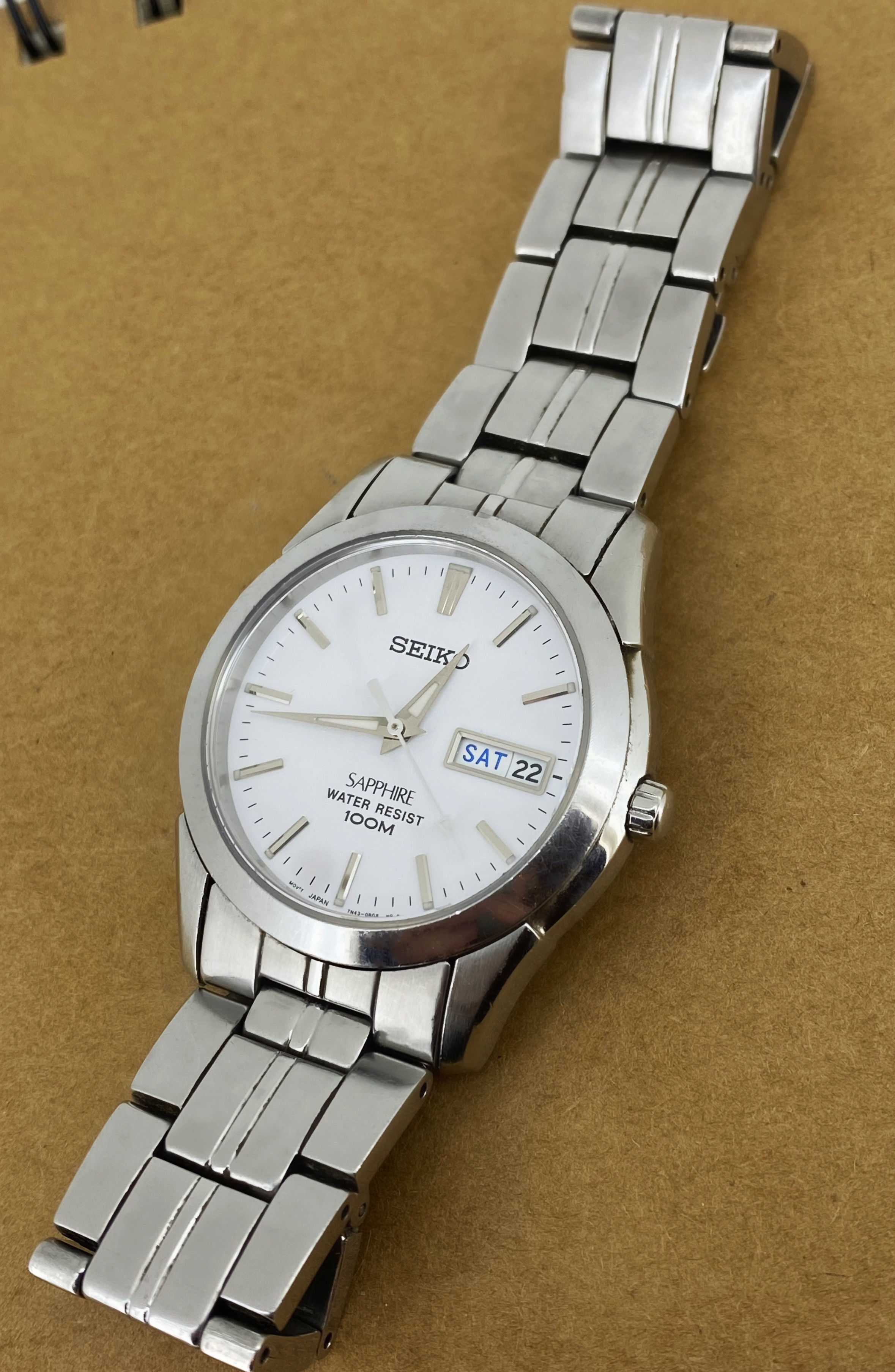 Seiko Sapphire Day-Date White Dial Stainless Steel Quartz 38mm Mens' Watch
