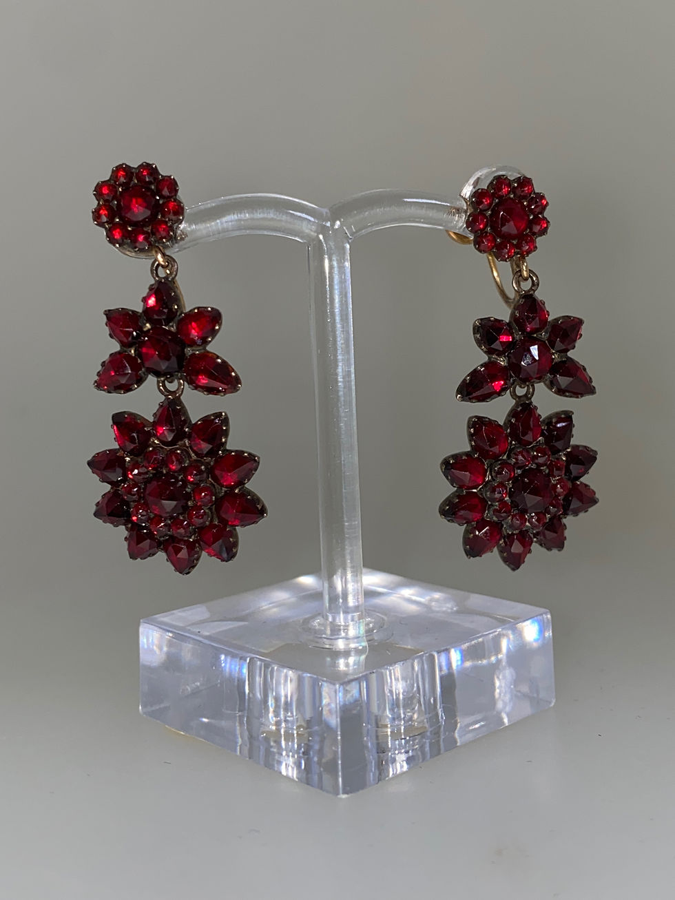 Thumbnail: Antique Ruby Red Bohemian Garnet Silver & Rolled Gold Clip On Earrings,1900's.