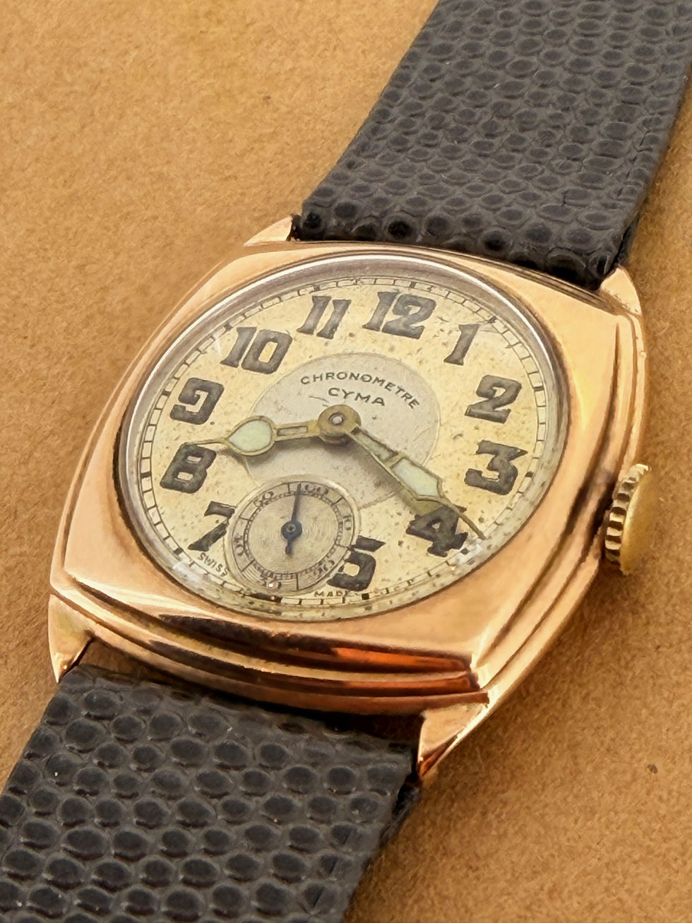 Thumbnail: Rare Art-Deco c1928 Cyma Chronometre Manual 9K Rose Gold Cushion Case Watch