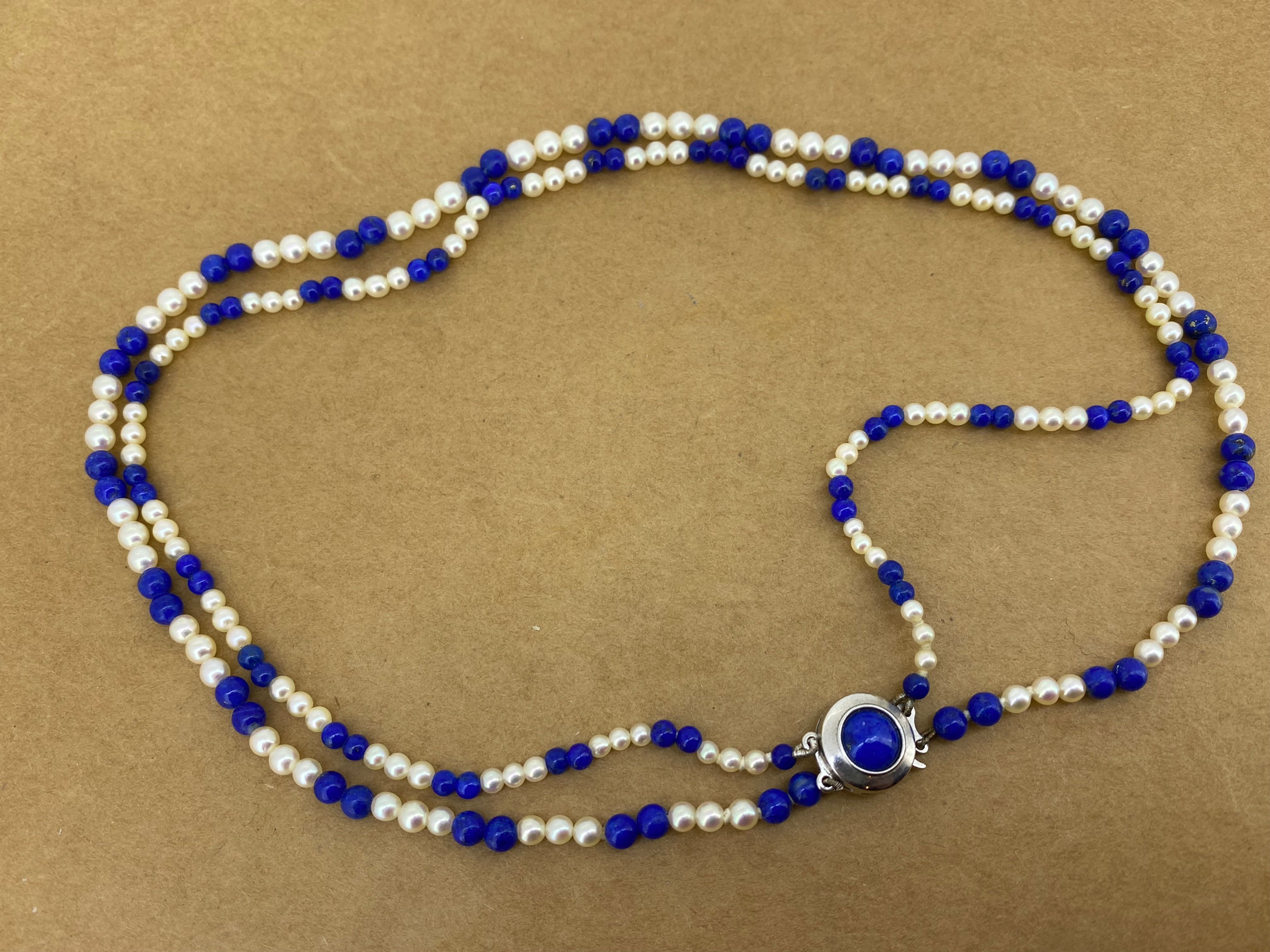 Double Strand Lapis Lazuli, Pearl, 835 Silver Scandinavian Beaded Necklace
