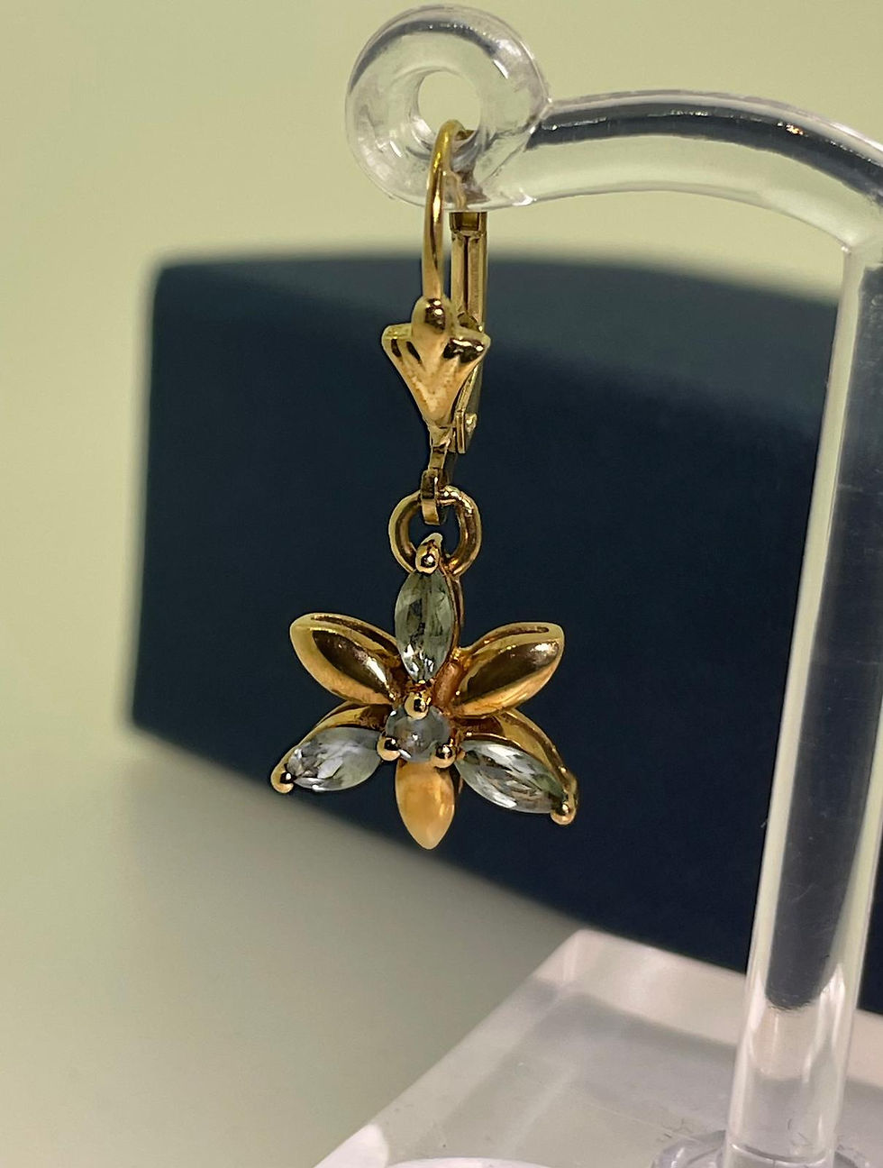 Thumbnail: Rose Gold & Blue Topaz Flower Motif Pendant Vintage Earrings, circa 1970's.