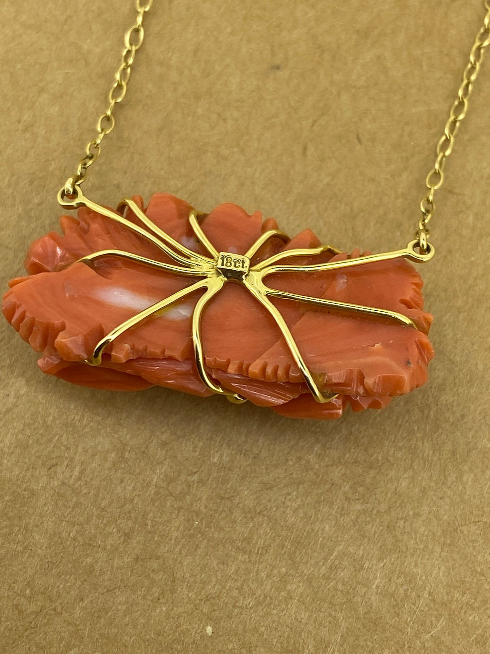 Thumbnail: Mediterranean Natural Red Rose-Shaped Carved Coral, Diamond, 18K Gold Necklace