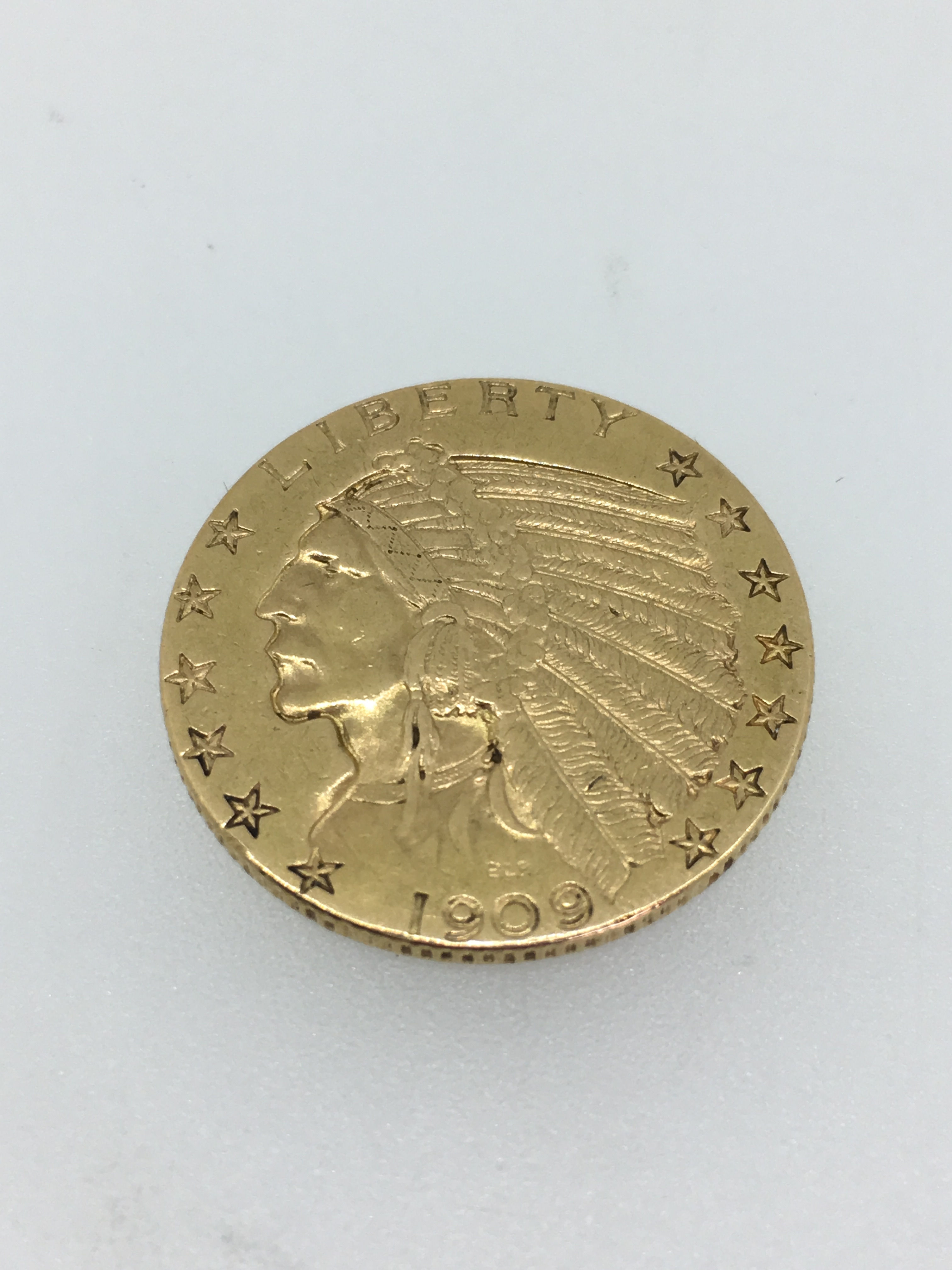 Gold American $5 Indian Head Coin, c 1909