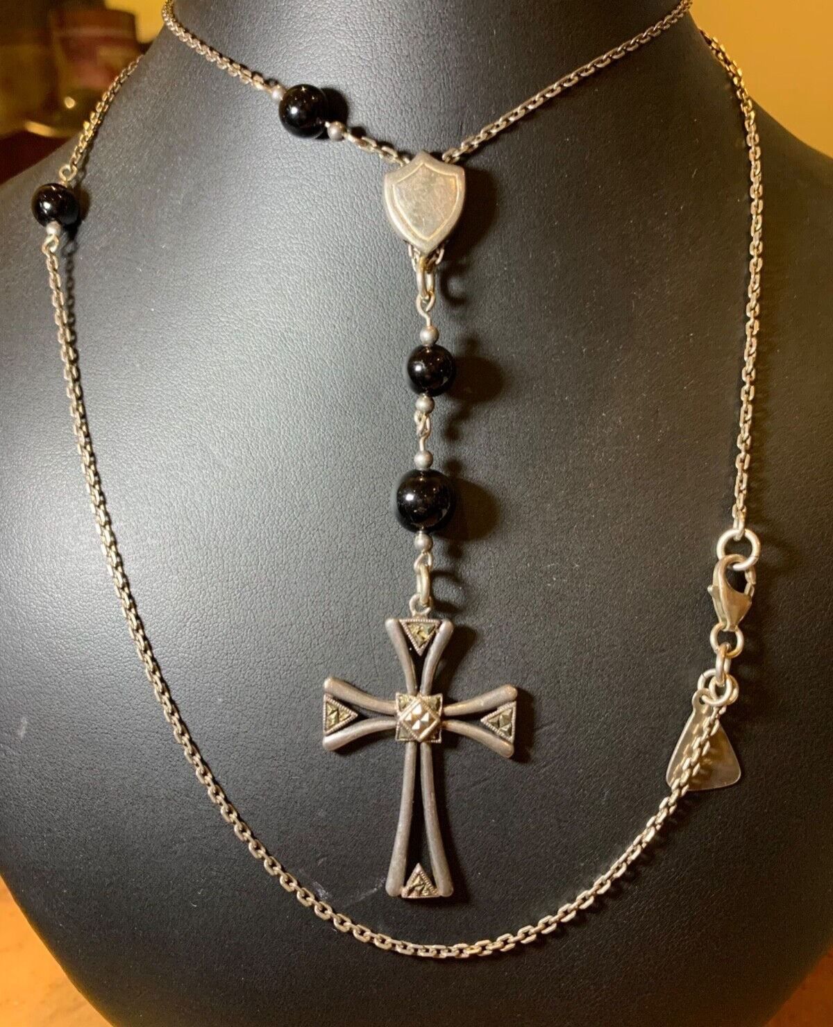Gothic Style 925 Silver & Marcasite Cross Pendant Necklace