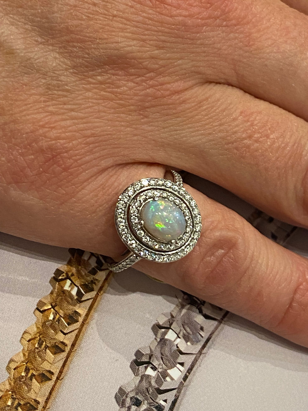 Thumbnail: 1.50ct Solid Australian Oval Opal & Diamond Cluster Halo Dress Ring in 14K Gold.