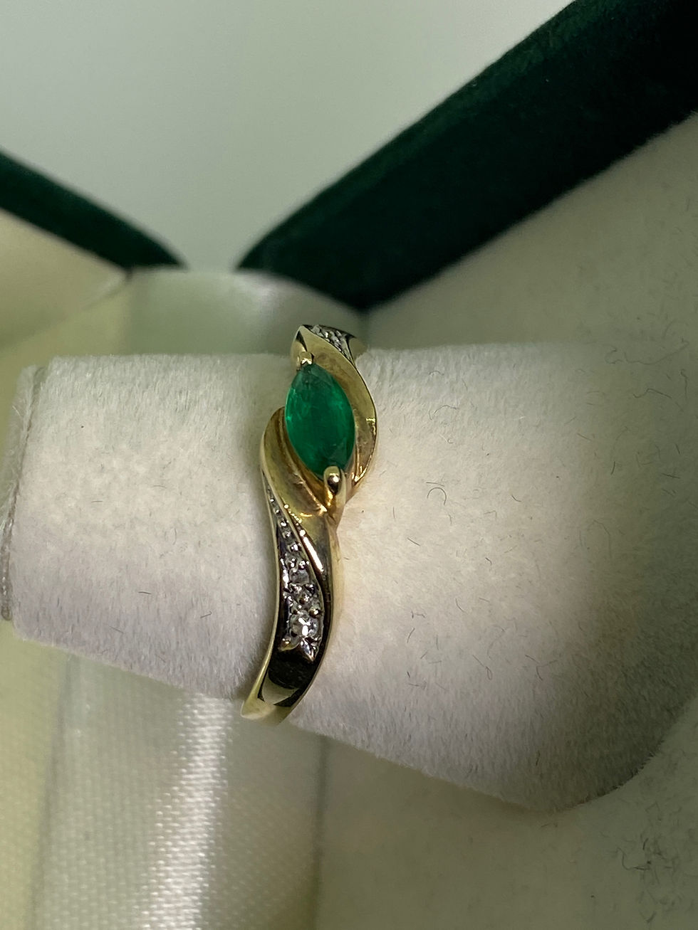 Thumbnail: 0.25ct Marquise Emerald & Diamond Ring in 9K Yellow Gold. Circa 1970's.