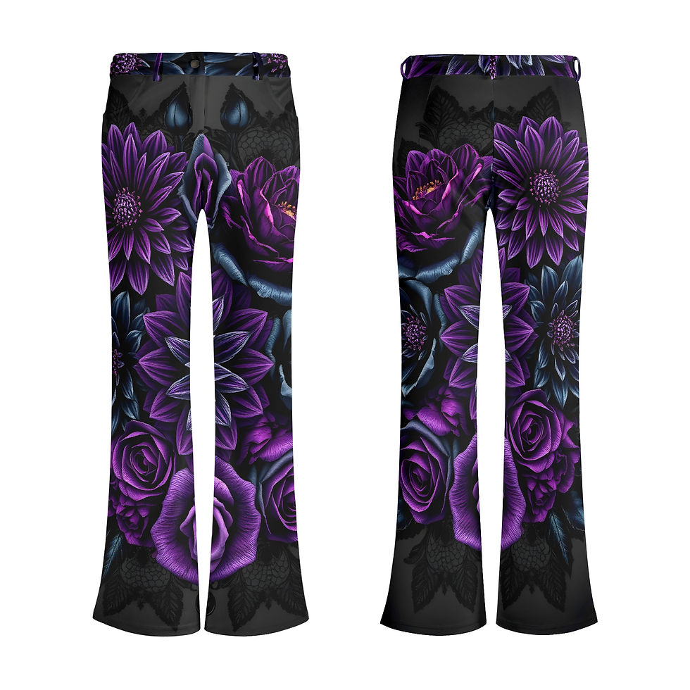 Thumbnail: Black Dahlia & Thorned Lace Flared Pants – Dark Floral Gothic Elegance