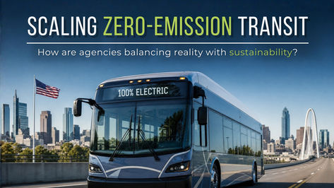 Blog banner image titled "Scaling Zero-Emission Transit: How are agencies balancing reality with sustainability?" featuring a modern 100% electric transit bus driving on a highway city route. The background shows a prominent city skyline under a clear blue sky, including an American flag flying on the left and a distinctive white suspension bridge on the right, highlighting public transit agency infrastructure and sustainability initiatives.