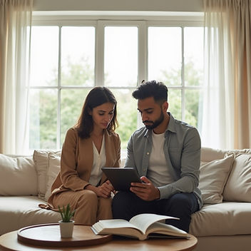 Domestic landlord and professional reviewing EPC on tablet