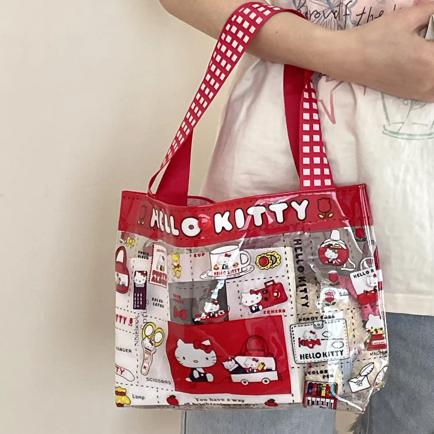Kawaii Cartoon Red Hello Kitty Transparent Handbag