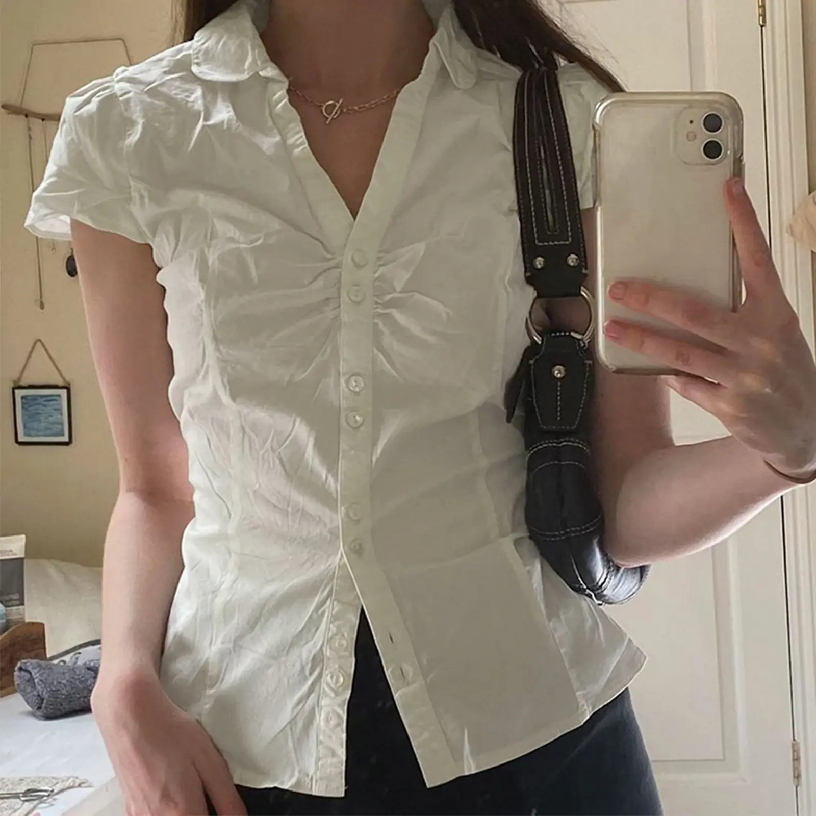 Kawaii Solid Button Up Collar Short Sleeve Dress Tops
