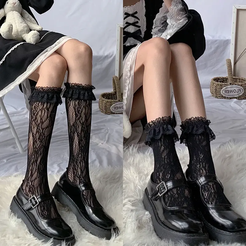 Thumbnail: Lolita Sexy Lace Fishnet Thigh High Over Knee Socks Anime JK Girls Bow Stockings
