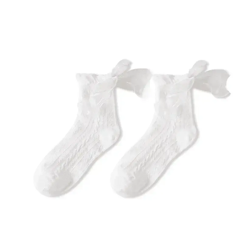 Thumbnail: Kawaii Mid-Tube Solid Lace Bow Ruffle  Cotton Socks