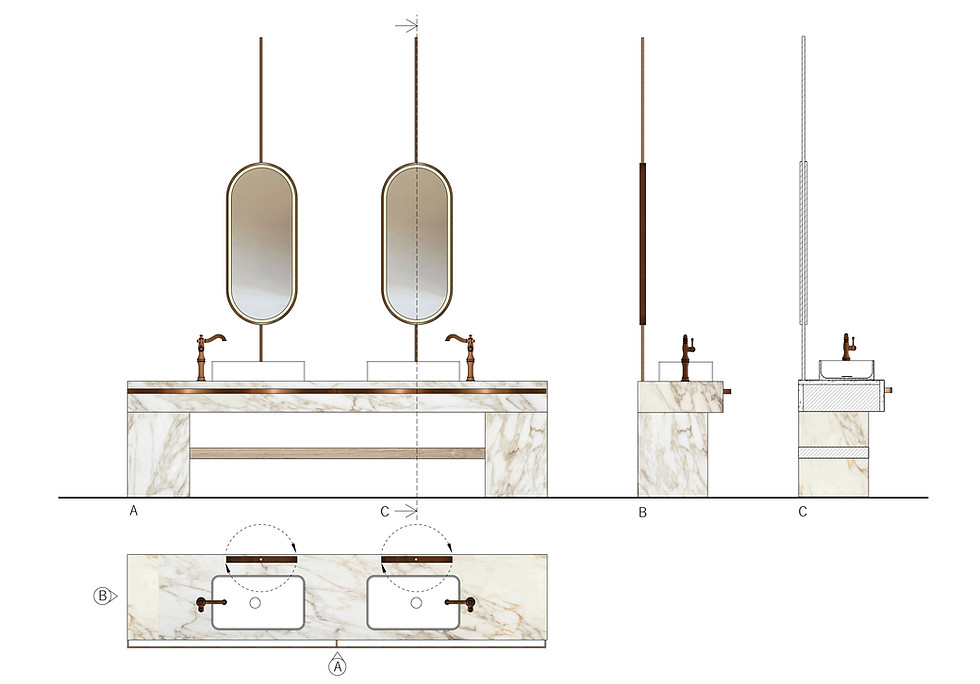 Ritningar, platsbyggd dubbel kommod marmor